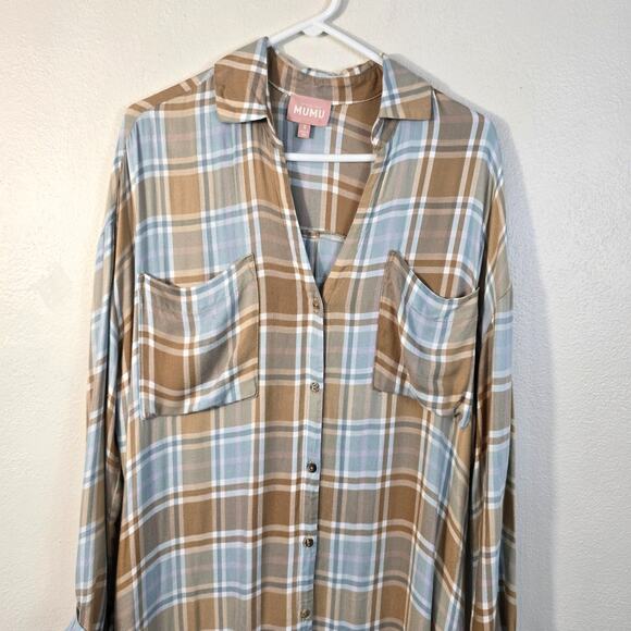 Show Me Your MUMU Leo Tunic Duster Women's S Blue Tan Plaid Button Up READ - Picture 3 of 12